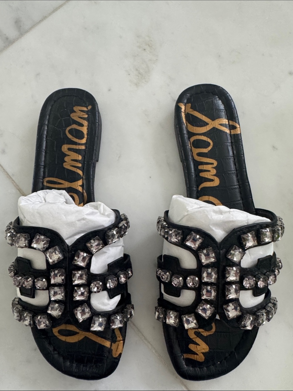 Sam Edelman Slip on Black Sandals with Gem Embellishments. Size 8M - Picture 8 of 8